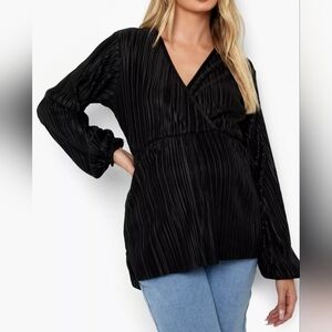 Boohoo Maternity Plisse Black Puff Sleeve Wrap Top Size 6 - New With Tags